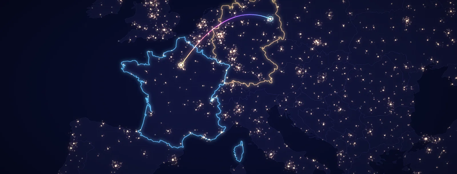 L'Europe de nuit vue de l'espace, reliée par un arc de lumière