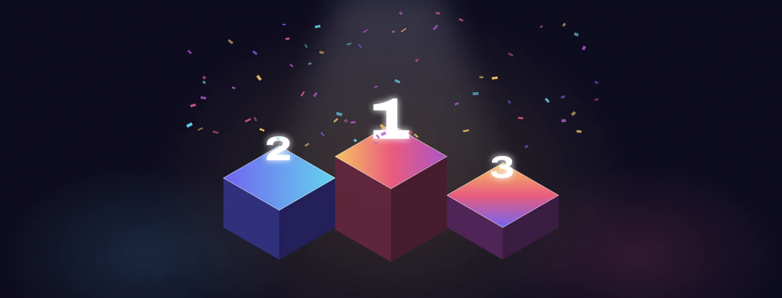 Siegerpodest mit Platz 1, 2 und 3 unter einem Lichtkegel