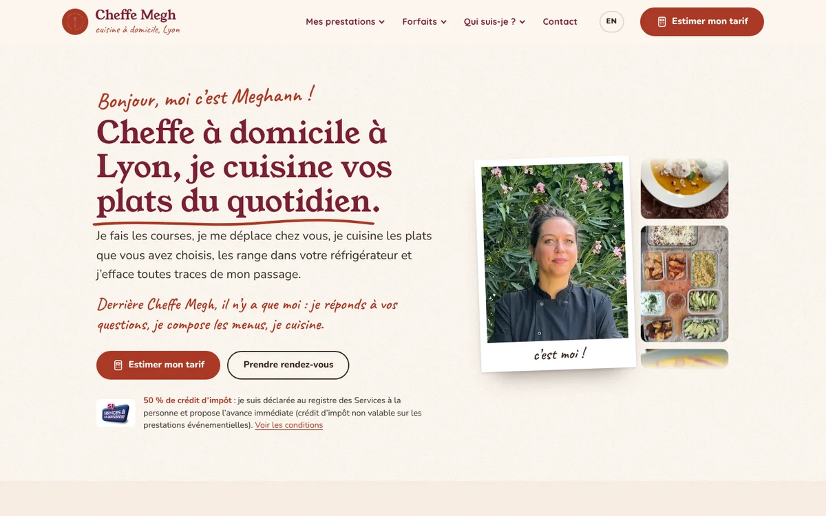 Nouveau site de Cheffe Megh, page d'accueil
