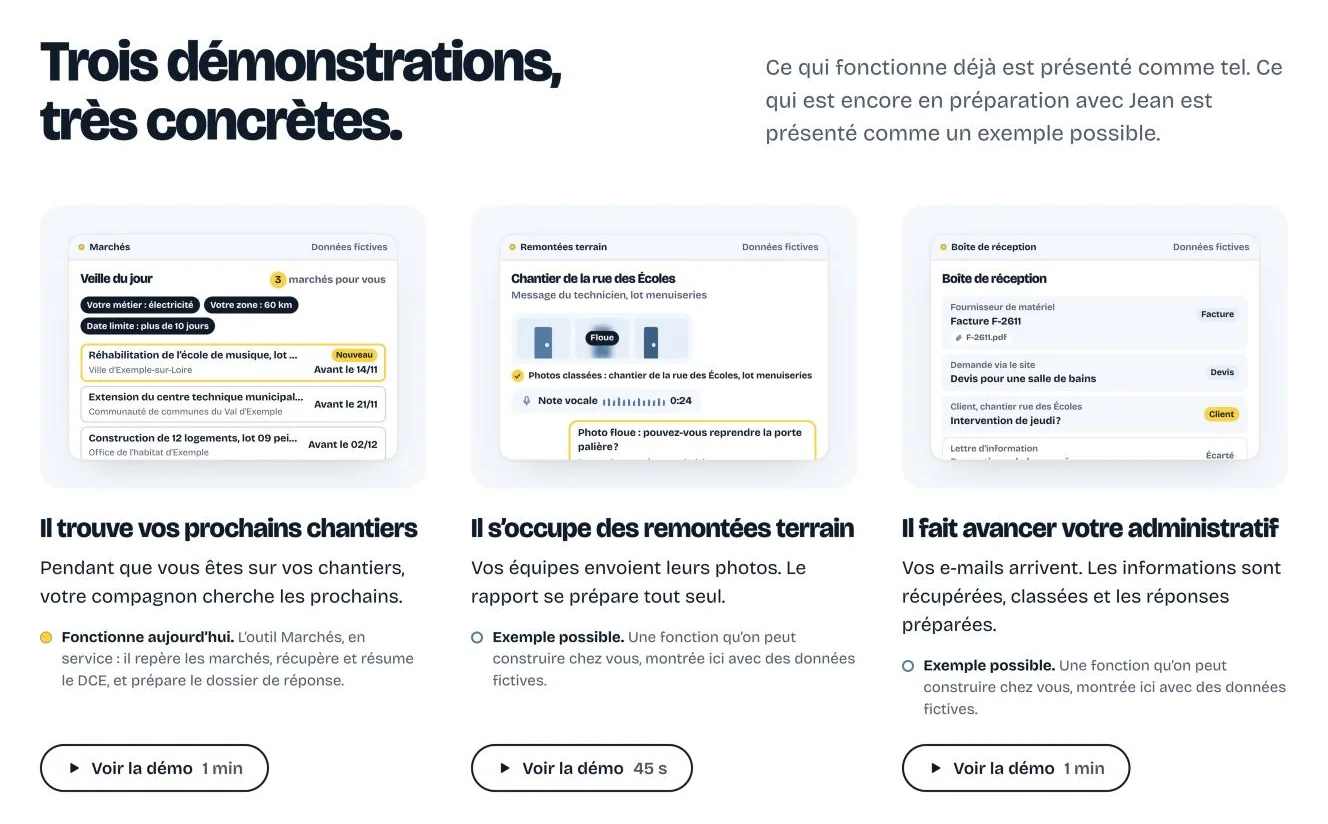 Les trois démonstrations du site Compagnons IA : marchés, remontées terrain et boîte de réception