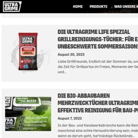 Articles de blog en allemand sur le site d'UltraGrime : lingettes barbecue et lingettes multi-usages pour les pros du bâtiment