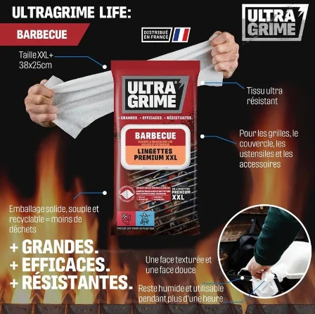 Visuel produit en français : lingettes barbecue UltraGrime, format XXL